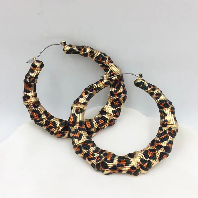 Vintage Leopard Round Metal Hoop Bamboo Earrings Stainless Steel