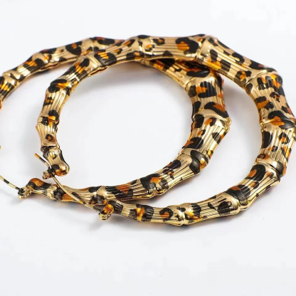 Vintage Leopard Round Metal Hoop Bamboo Earrings Stainless Steel