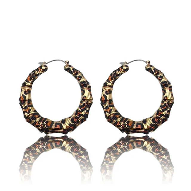 Vintage Leopard Round Metal Hoop Bamboo Earrings Stainless Steel