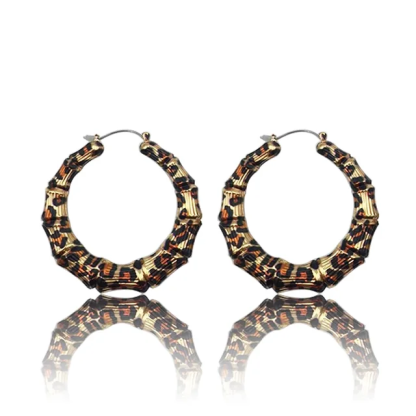 Vintage Leopard Round Metal Hoop Bamboo Earrings Stainless Steel
