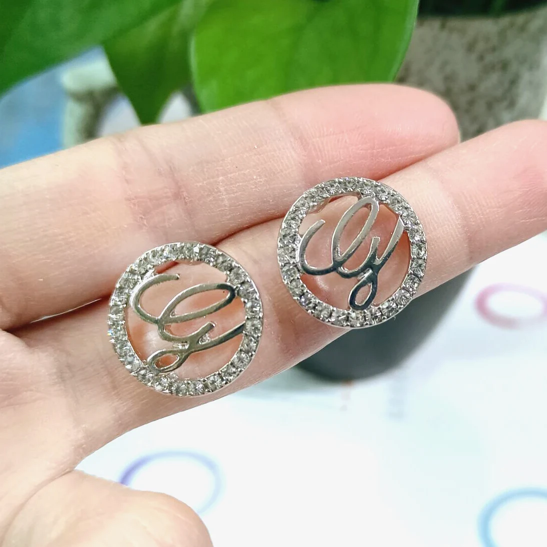Paved Letter Round Stud Earrings Crystal Custom Initial Earrings