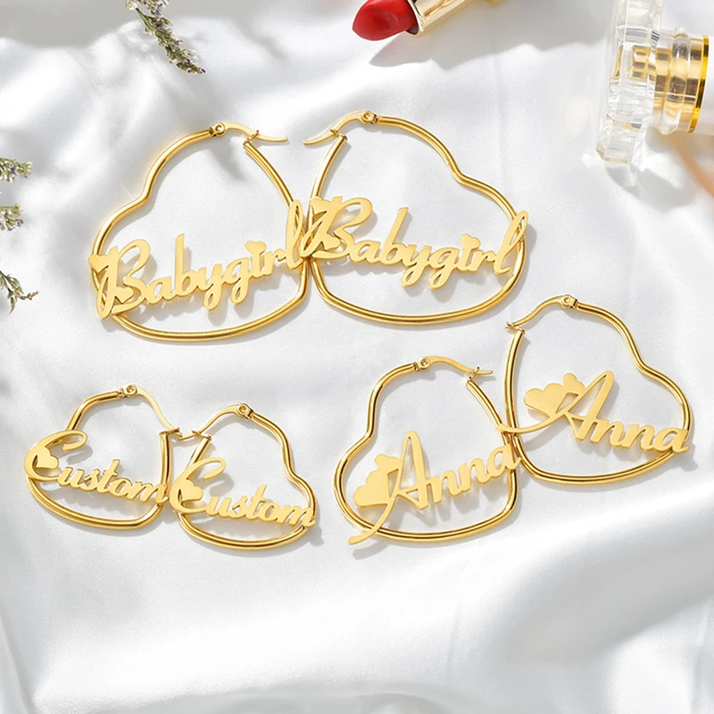 Heart Shaped Nameplated Personalized Custom Name Earrings