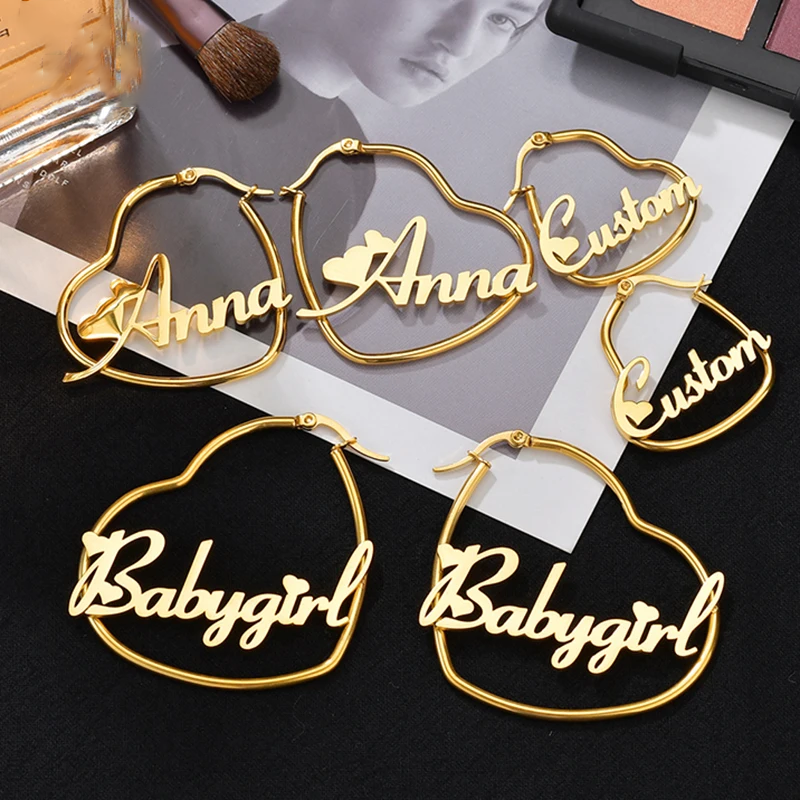 Heart Shaped Nameplated Personalized Custom Name Earrings