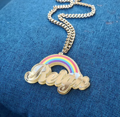 Double Layer With Rainbow Nameplate Personalized Gold Plated Name Necklace 