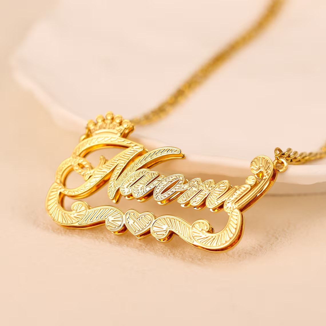 Double Plate Crown Heart Nameplate Pendant Personalized Name Necklace
