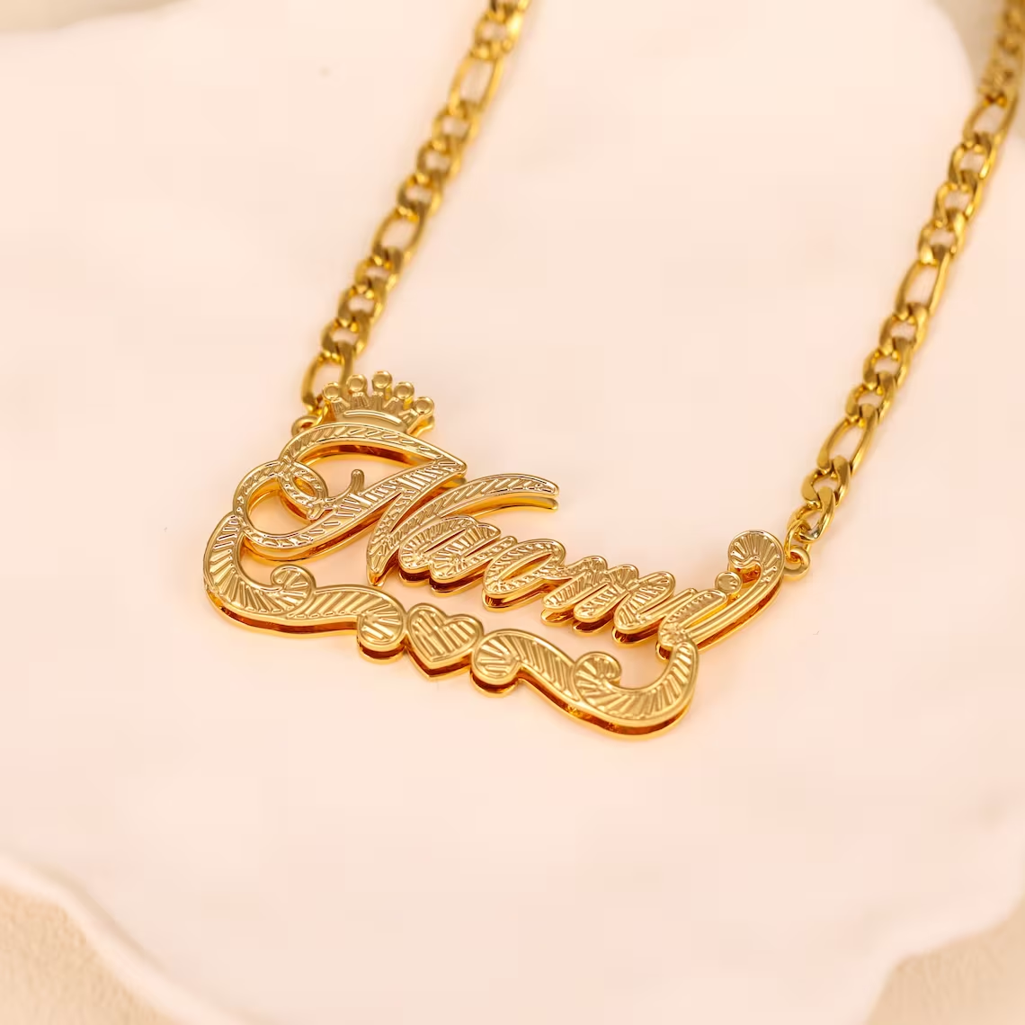 Double Plate Crown Heart Nameplate Pendant Personalized Name Necklace