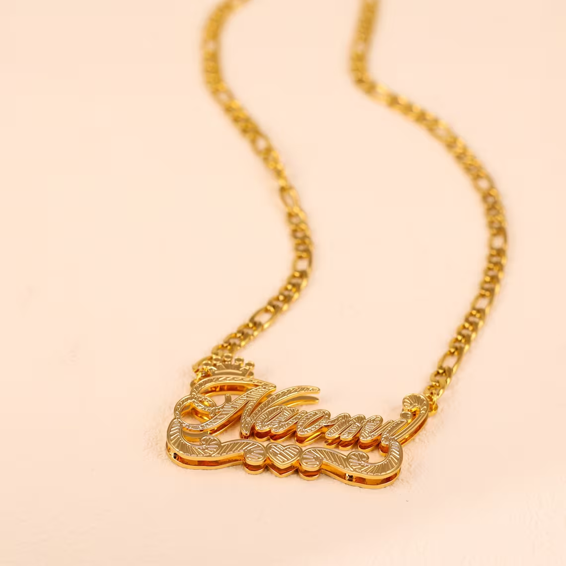 Double Plate Crown Heart Nameplate Pendant Personalized Name Necklace