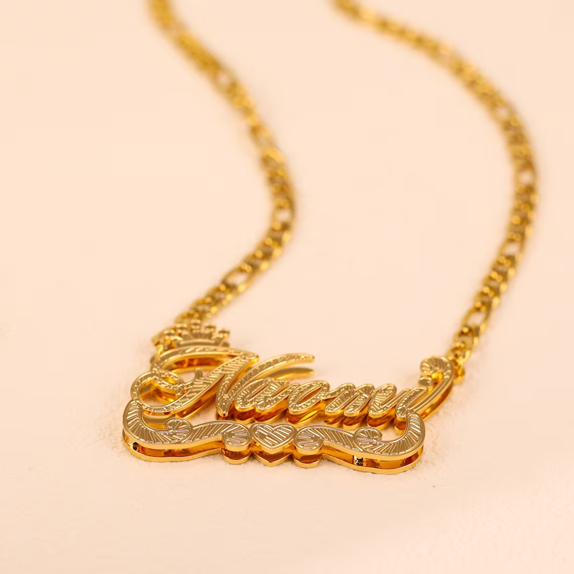 Double Plate Crown Heart Nameplate Pendant Personalized Name Necklace