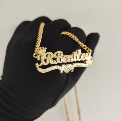 Double Layer Shimmering Crown Heart Nameplate Pendant Personalized Name Necklace