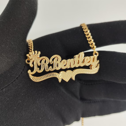Double Layer Shimmering Crown Heart Nameplate Pendant Personalized Name Necklace