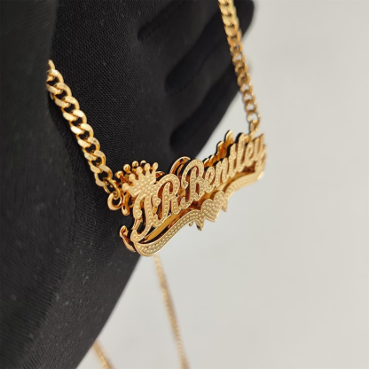 Double Layer Shimmering Crown Heart Nameplate Pendant Personalized Name Necklace