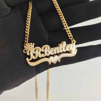 Double Layer Shimmering Crown Heart Nameplate Pendant Personalized Name Necklace