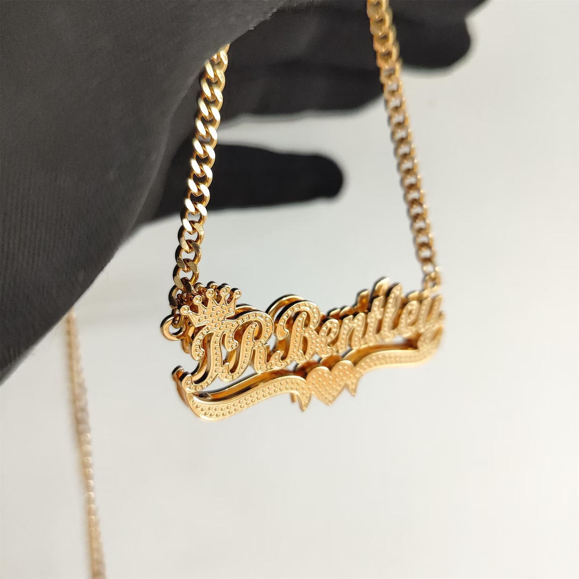 Double Layer Shimmering Crown Heart Nameplate Pendant Personalized Name Necklace