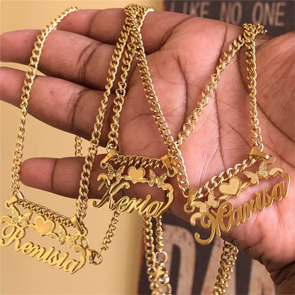 Two Butterfly Heart Shaped Nameplated Pendant Personalized Name Necklace