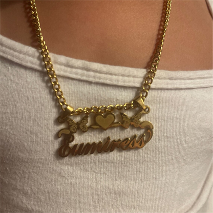 Two Butterfly Heart Shaped Nameplated Pendant Personalized Name Necklace