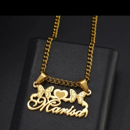 Two Butterfly Heart Shaped Nameplated Pendant Personalized Name Necklace