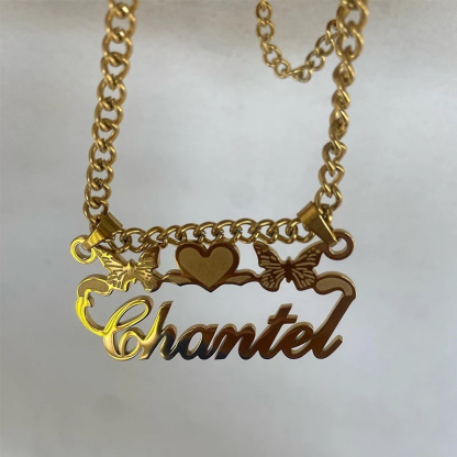 Two Butterfly Heart Shaped Nameplated Pendant Personalized Name Necklace