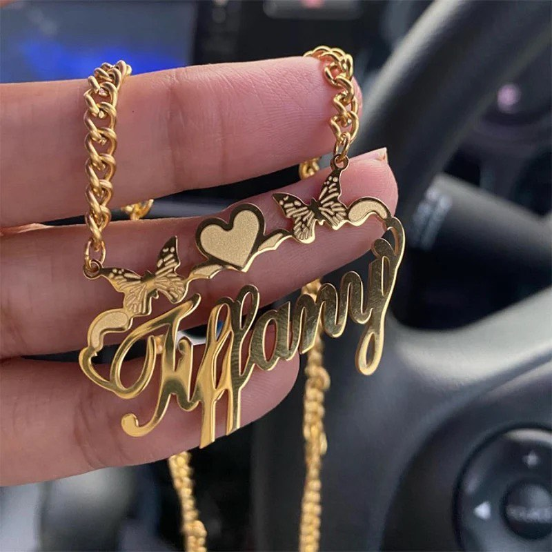 Two Butterfly Heart Shaped Nameplated Pendant Personalized Name Necklace