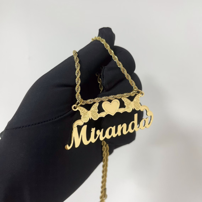 Two Butterfly Heart Shaped Nameplated Pendant Personalized Name Necklace
