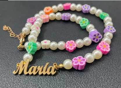 Pearl Ranibow Bead Nameplated Pendant Personalized Name Necklace