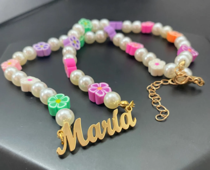 Pearl Ranibow Bead Nameplated Pendant Personalized Name Necklace