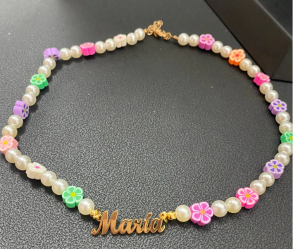 Pearl Ranibow Bead Nameplated Pendant Personalized Name Necklace