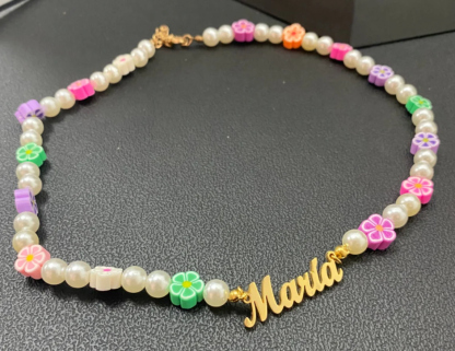 Pearl Ranibow Bead Nameplated Pendant Personalized Name Necklace