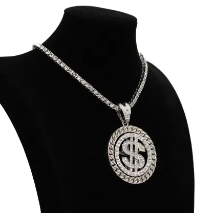 Bling Hip Hop Style Rotatable Dollar Pendant Necklace With Tennis Chain