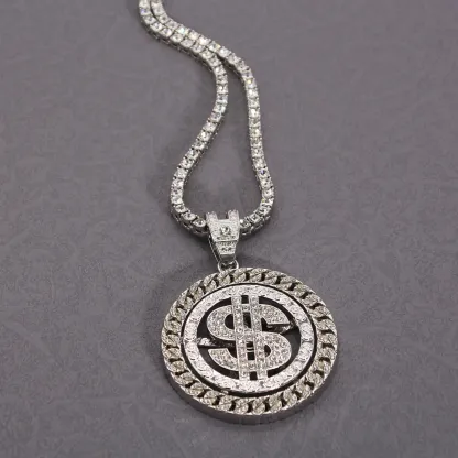 Bling Hip Hop Style Rotatable Dollar Pendant Necklace With Tennis Chain