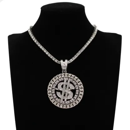 Bling Hip Hop Style Rotatable Dollar Pendant Necklace With Tennis Chain