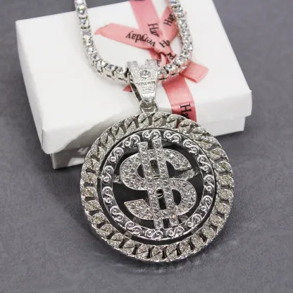 Bling Hip Hop Style Rotatable Dollar Pendant Necklace With Tennis Chain
