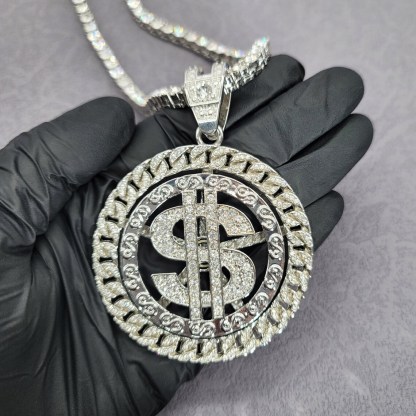 Bling Hip Hop Style Rotatable Dollar Pendant Necklace With Tennis Chain