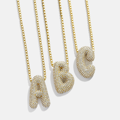 Zircon Bubble Letter Pendant Personalized Custom Gold Plated Initial Necklace