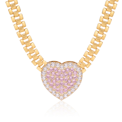 Pink Heart Charm Presidential Link Chain Watch Band Style Necklace