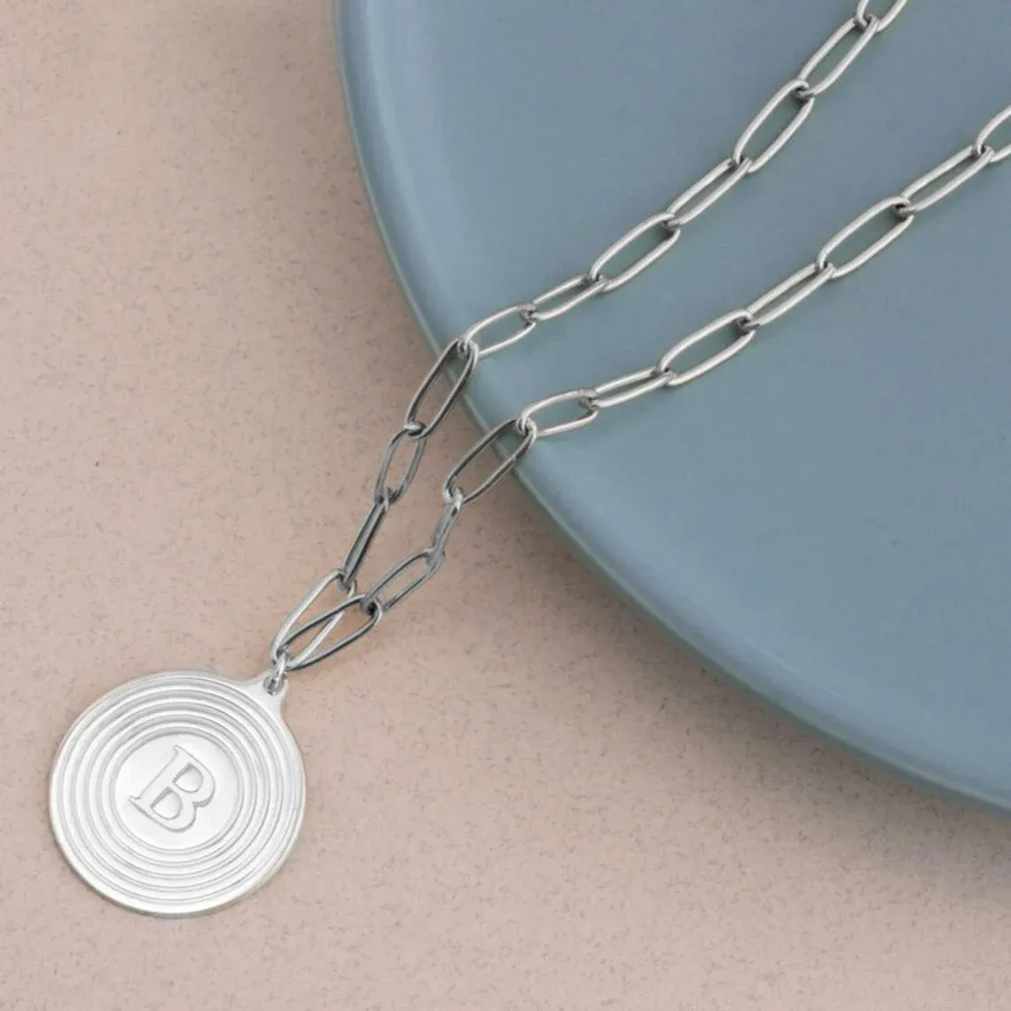 Paperclip Chain Circle Initial Pendant Necklace Custom Letter Necklace