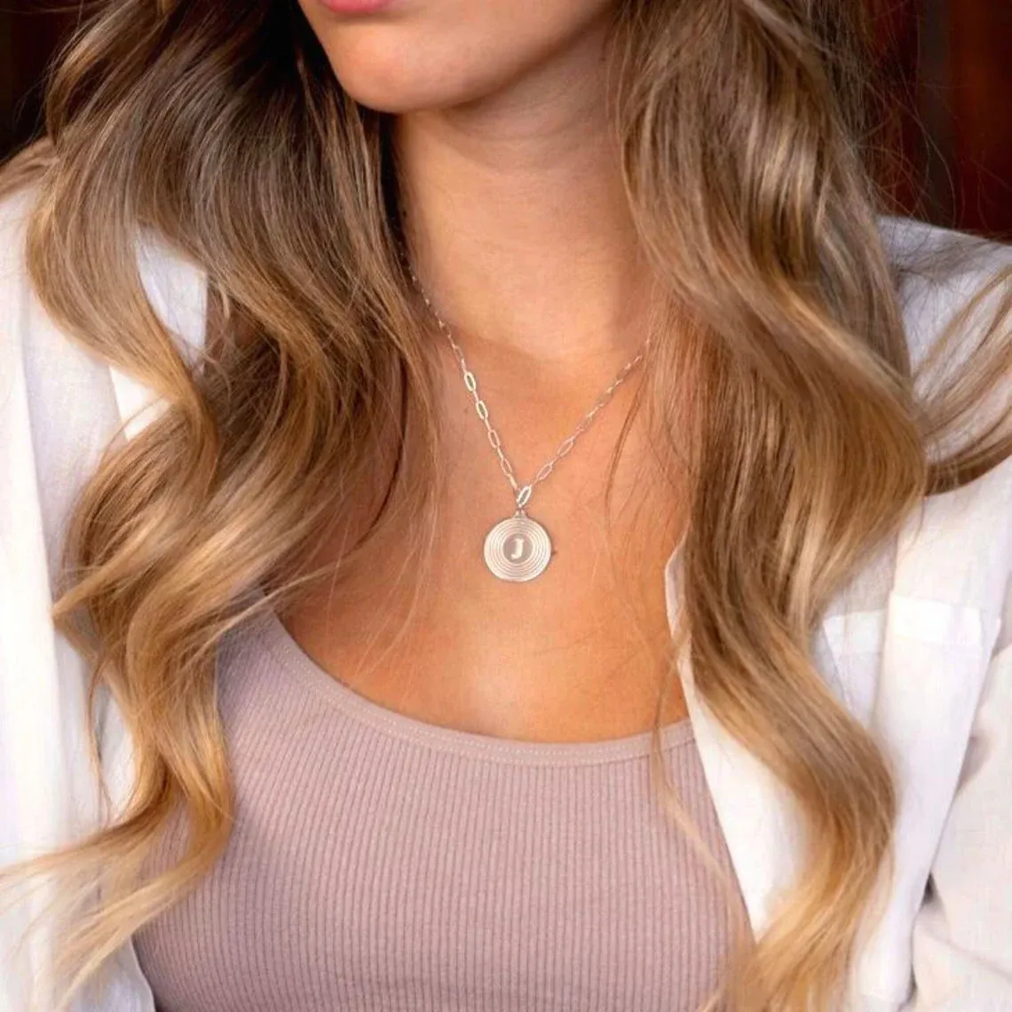 Paperclip Chain Circle Initial Pendant Necklace Custom Letter Necklace