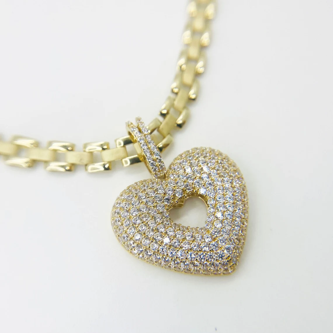 Rolex Links Chain Gold Plated Zircon Heart Pendant Necklace