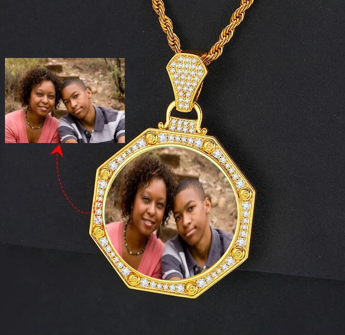Hip Hop Iced Out Cubic Zircon Octagonal Pendant Personalized Custom Photo Necklace 