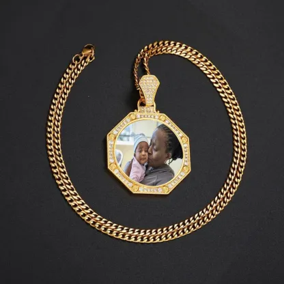 Hip Hop Iced Out Cubic Zircon Octagonal Pendant Personalized Custom Photo Necklace 