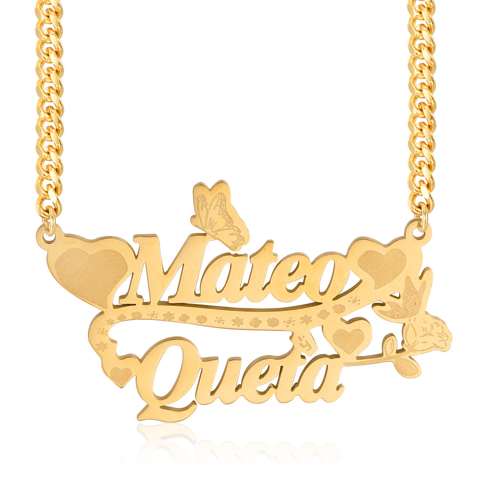 Heart Butterfly Nameplated Pendant Custom Name Necklace Couple Necklace