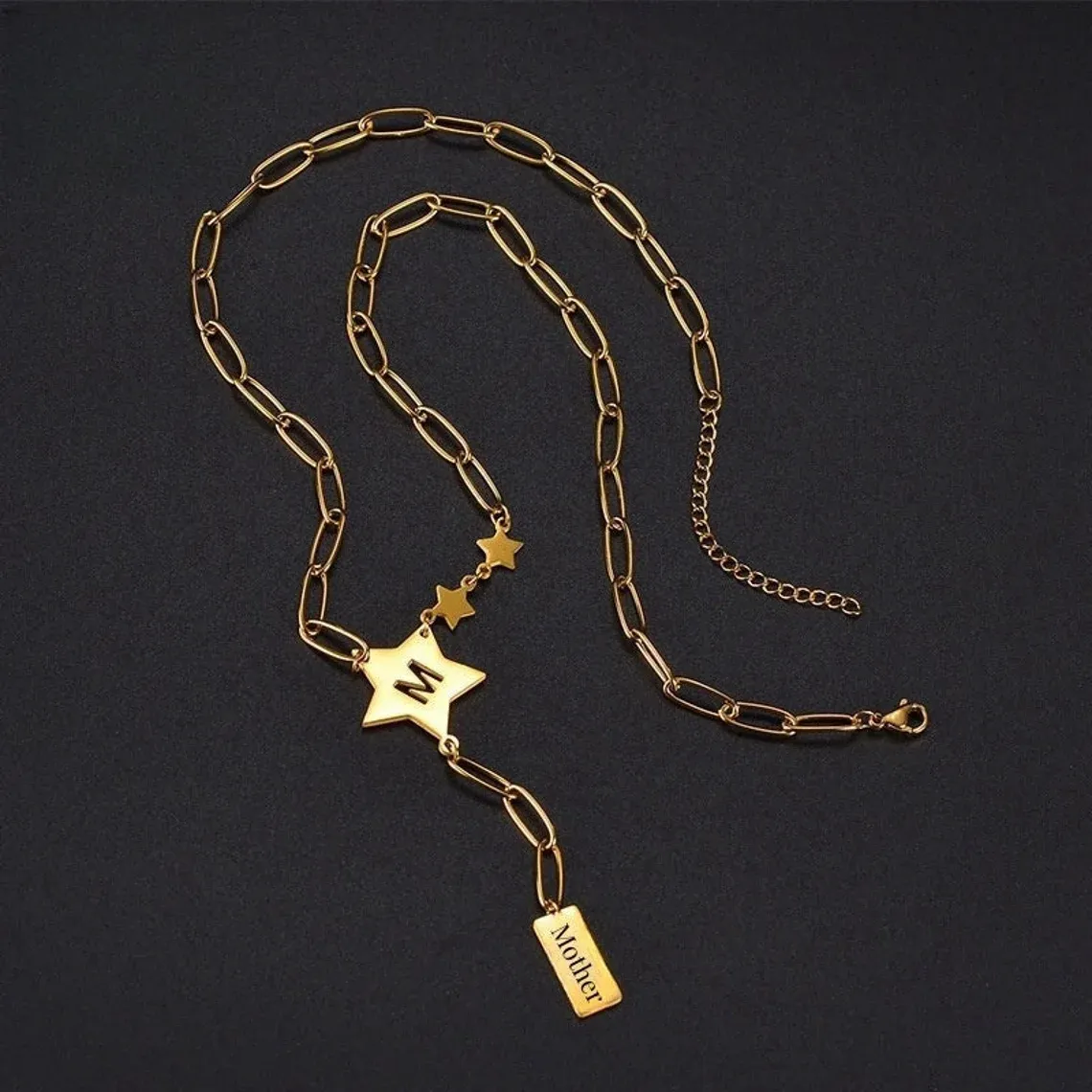Star Cutout Letter Pendant Necklace with Tassel Collarbone Chain Personalized Name Necklace