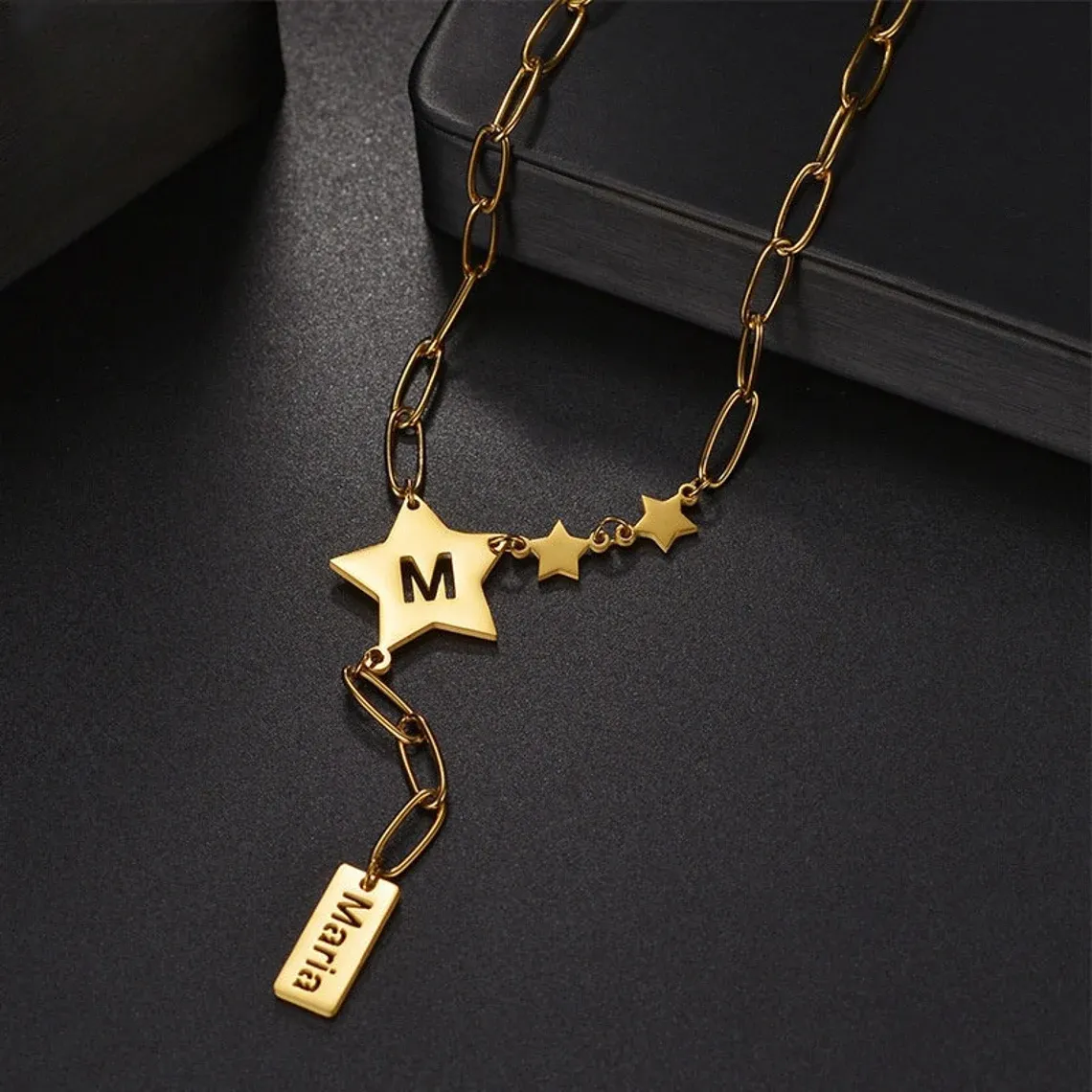 Star Cutout Letter Pendant Necklace with Tassel Collarbone Chain Personalized Name Necklace