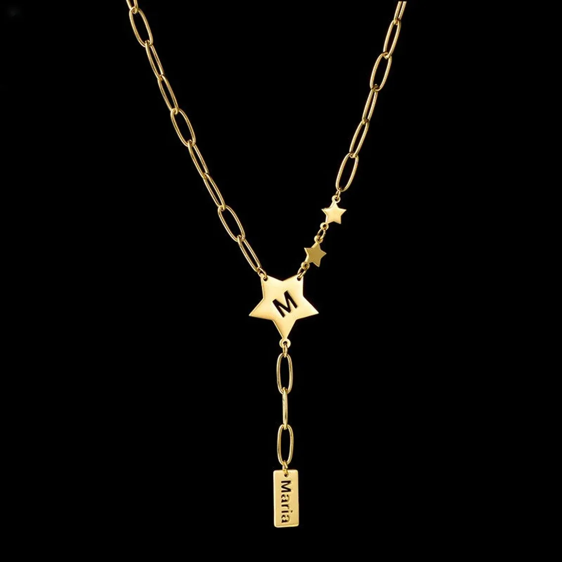 Star Cutout Letter Pendant Necklace with Tassel Collarbone Chain Personalized Name Necklace