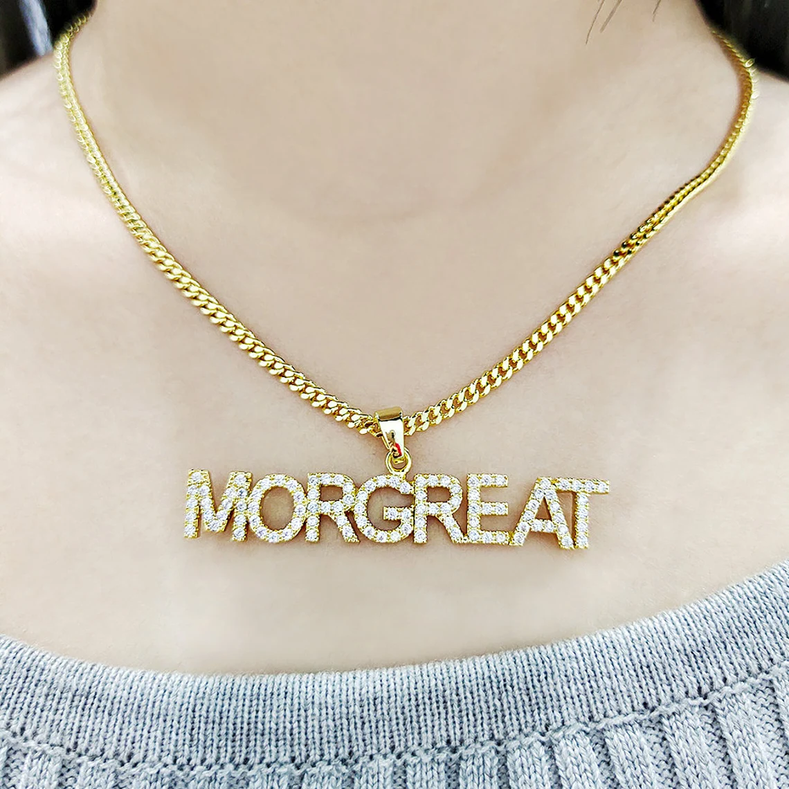 Zircon Nameplated Gold Plated Necklace Personalized Name Necklace