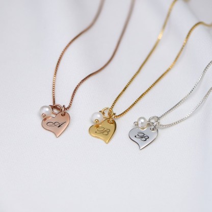 Personalized Heart Initial Pearl Necklace Custom Gold Plated Initial Necklace