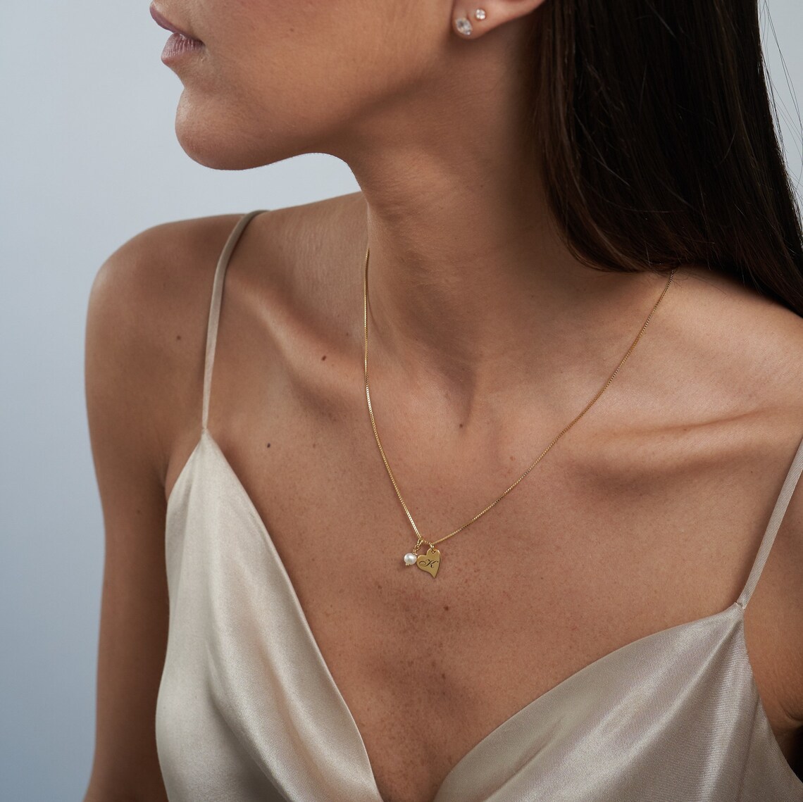Personalized Heart Initial Pearl Necklace Custom Gold Plated Initial Necklace