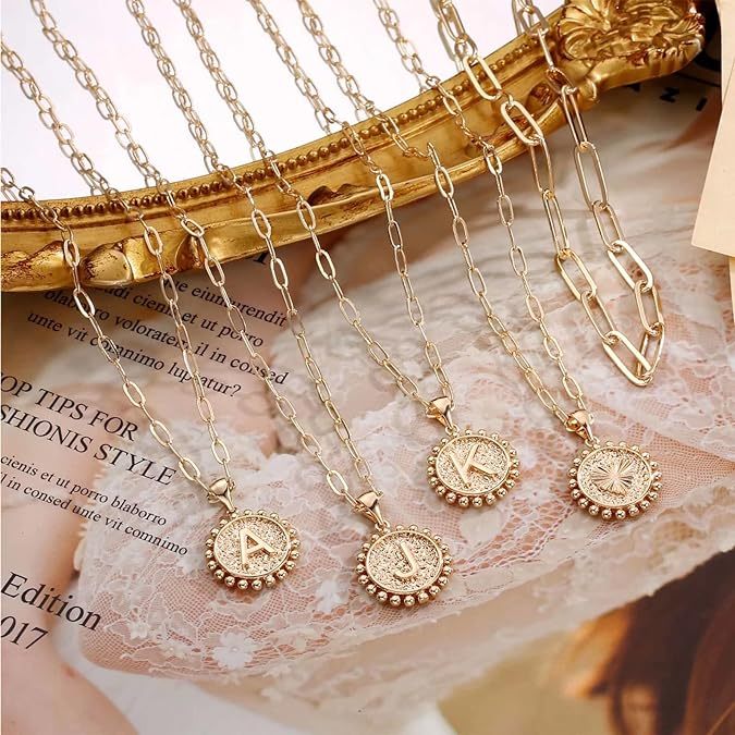 Personalized Gold Plated Dainty Layering Paperclip Chain Necklace And Layered Coin Initial Necklaces