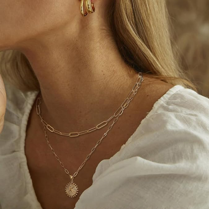 Personalized Gold Plated Dainty Layering Paperclip Chain Necklace And Layered Coin Initial Necklaces