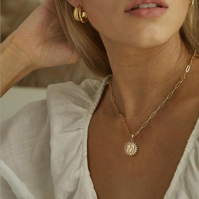 Personalized Gold Plated Dainty Layering Paperclip Chain Necklace And Layered Coin Initial Necklaces
