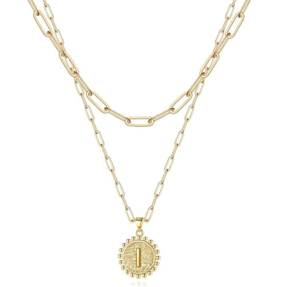 Personalized Gold Plated Dainty Layering Paperclip Chain Necklace And Layered Coin Initial Necklaces